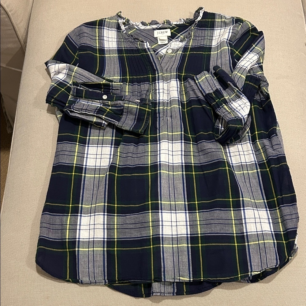 J. Crew Women's Green Plaid Ruffle Neck Long Sleeve Tunic Size 2
